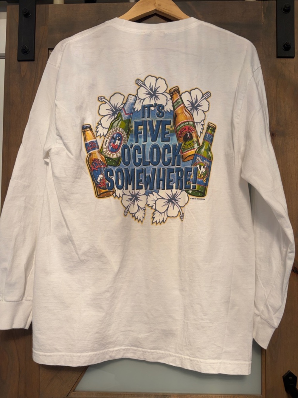 White Long Sleeve Tee with 'It's Five O'Clock Somewhere' Graphic Size L